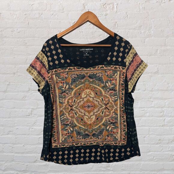 Lucky Brand Women’s Boho Short Sleeve T-Shirt Multicolor Medallion Print Top 1X - Picture 1 of 9
